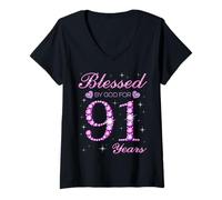 Womens Blessed by God for 91 Years Old 91st Birthday Party V-Neck T-Shirt