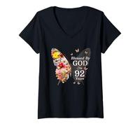Womens Blessed by God for 92 Years Butterfly Flower 92nd Birthday V-Neck T-Shirt