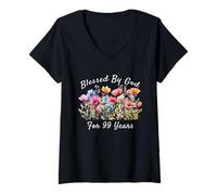 Women's Blessed by God for 99 Years Old Wild Flower 99th Birthday V-Neck T-Shirt