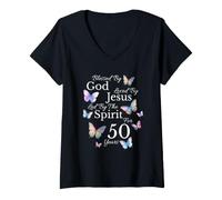 Women's Blessed By God Loved By Jesus for 50 Years Old 50th Birthday V-Neck T-Shirt