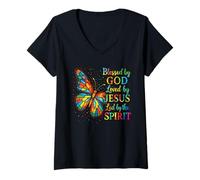 Womens Blessed by God Loved by Jesus Stained Glass Butterfly V-Neck T-Shirt