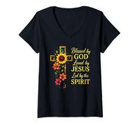 Womens Blessed by God Loved by Jesus Stained Glass Cross V-Neck T-Shirt