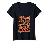 Women's Blessed by God Spoiled by My Husband Inspirational V-Neck T-Shirt