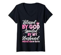 Womens Blessed By God Spoiled By My Husband Protected By Both V-Neck T-Shirt