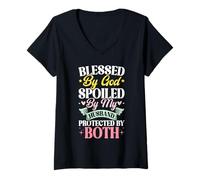 Womens Blessed By God Spoiled By My Husband Protected By Both V-Neck T-Shirt