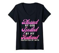 Womens Blessed by God Spoiled by My Husband Protected by Both V-Neck T-Shirt