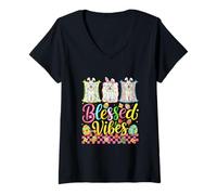 Women's Blessed Funny Vibes Easter Three Cute Bunny Poodles Owner V-Neck T-Shirt