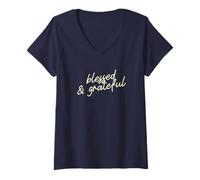 Women's Blessed & Grateful Minimalist Faith Script V-Neck T-Shirt