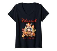 Womens Blessed is Best Christian Fall & Autumn Cute Vintage Racoon V-Neck T-Shirt