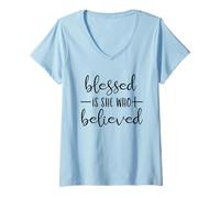 Womens Blessed is She Who Believed Christian V-Neck T-Shirt