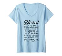 Womens Blessed is The Man Psalm 1:1 Bible Verse Scripture Prayer V-Neck T-Shirt