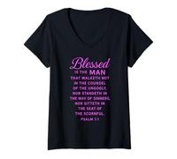 Women's Blessed is The Man Psalm 1:1 Bible Verse Scripture Prayer V-Neck T-Shirt