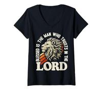 Women's Blessed Is The Man Who Trusts In The Lord Lion Faith V-Neck T-Shirt