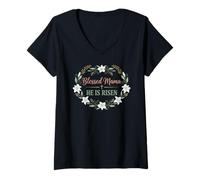 Women's Blessed Mama He is Risen Christian Easter Design V-Neck T-Shirt