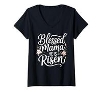 Women's Blessed Mama, He is Risen Christian Easter V-Neck T-Shirt