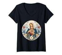 Women's Blessed Mother Mary Immaculate Heart Floral Catholic Saint V-Neck T-Shirt