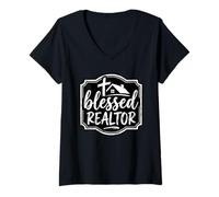 Women's Blessed Realtor Faith Real Estate Agent House V-Neck T-Shirt