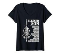 Womens Blessed Son Affirmations Christian Spiritual Family V-Neck T-Shirt