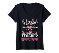 Women's Blessed SubstituteTeacher Coquette Aesthetic Bow Arrow Heart V-Neck T-Shirt