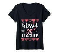 Women's Blessed Teacher Coquette Aesthetic Bows, Arrow, & Love Heart V-Neck T-Shirt