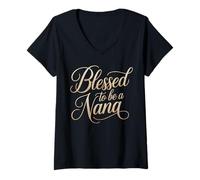 Women's Blessed to be a Nana Calligraphy Celebration Gratitude V-Neck T-Shirt