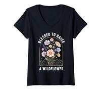 Womens Blessed to Raise A Wildflower Mama Floral V-Neck T-Shirt