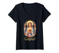 Women's Blessed Virgin Mary Immaculate Heart Floral Catholic Prayer V-Neck T-Shirt
