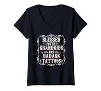 Womens Blessed With Grandkids And Badass Tattoos Grandma Mama Nana V-Neck T-Shirt