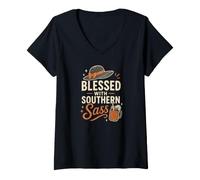 Women's Blessed with Southern Sass Hat and Sweet Tea V-Neck T-Shirt