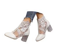 Women's Block Heel Ankle Boots Floral Lace Rhinestone Sheer Mesh Back Zip | Embroidered Floral Lace with Sheer Mesh Upper, Sparkly Rhinestone, Elegant Dressy for Evening Party and Wedding Events