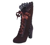 Women's Block Heel Ankle Boots with Lacing, Lace Suede Boots for Women, Vintage Victorian Boots Laces Bow, Elegant Mid-Height Gothic Boots, Riding Boots, Chelsea Boots, brown, 4.5 UK