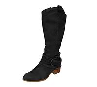 Womens Block Heel Boot Calf Length Chunky Ladies Pointed Toe Western Cowgirl Cowboy Boots Leather Louis Heel Womens Wide Fit Vintage Booties (6.5) B Black