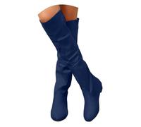 Womens Block Heel Boot Calf Length Victorian Pointed Toe Chunky Boot Leather Low Heel Womens Wide Fit Vintage Booties (AH-Blue, 7)
