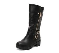 Womens Block Heel Boots Knee High Leather Side Zipper Double Buckle Detail Lug Sole for Alternative Fashion,Black,5 UK