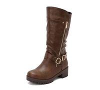 Womens Block Heel Boots Knee High Leather Side Zipper Double Buckle Detail Lug Sole for Alternative Fashion,Brown,4.5 UK