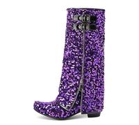 Womens Block Heel Boots Knee High with Glitter Sequins Double Buckle Straps Side Zipper for Prom Night,Purple,4 UK