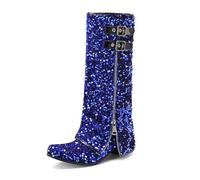 Womens Block Heel Boots Knee High with Glitter Sequins Double Buckle Straps Side Zipper for Prom Night,Blue,4.5 UK