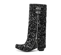 Womens Block Heel Boots Knee High with Glitter Sequins Double Buckle Straps Side Zipper for Prom Night,Black,4.5 UK