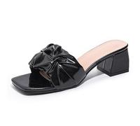 Women's Block Heel Mule Sandals Square Open Toe Ruffle Bow Slip-On Comfortable Casual Outdoor Shoes,Black,6 UK