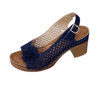 Women's Block Heel Peep Toe Slingback Summer Sandals Laser Cut Flower Detail Comfort Mid Height Shoes for Ladies Casual Smart Walking Footwear Blue