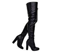 Omeslike Women's Block Heel Pointed Toe Over The Knee Boots, PU Leather Thigh High Boots, Fall Winter Tall Boots,Black,46