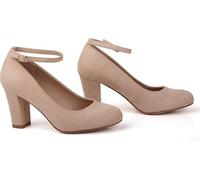 Womens Block Heel Pumps Ankle Strap Round Toe Mid Heel Shoes Plus Size 9-12 Comfort Office Sandals (Nude Suede, UK Footwear Size System, Adult, Women, Numeric, Medium, 10)