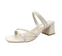 Women's Block Heel Sandals - Mules with Strappy Pumps Square Dress Shoes Elegant Evening Sandals Comfortable High Heels Peep Toe Beach Shoes Lightweight Summer Sandals for Leisure, White, 6 UK