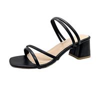 Women's Block Heel Sandals - Mules with Strappy Pumps Square Dress Shoes Elegant Evening Sandals Comfortable High Heels Peep Toe Beach Shoes Lightweight Summer Sandals for Leisure, black, 8 UK