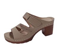 Women's Block Heel Sandals, Open Toe Chunky Heel Slide Sandals with Buckle Strap, Breathable Laser Cut Summer Shoes, Wide Fit Plus Size Comfortable Khaki