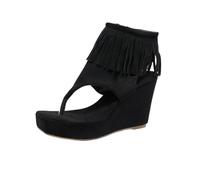 Women's Block Heel Sandals, Thick Platform Sole, Toe Separator, Fringe Trim, Comfortable Party Shoes, Fashionable Clutch Style, Eye-catching Look, Breathable Sandals, Casual Summer Shoes, 01 black, 5