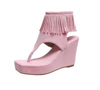 Women's Block Heel Sandals, Thick Platform Sole, Toe Separator, Fringe Trim, Comfortable Party Shoes, Fashionable Clutch Style, Eye-catching Look, Breathable Sandals, Casual Summer Shoes, 01 Pink, 7