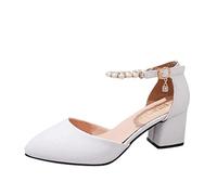 Womens Block Heel Shoes Comfortable High Heels Court Shoes Ladies Mary Jane Shoes Comfort Work Pumps Formal Smart Office Strappy Slip On Dolly Shoes White