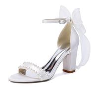 Women's Block Heel Wedding Sandals Open Toe Satin Bridal Bridesmaid Shoes with Bow Ankle Strap Summer Heels with Buckle,White,3 UK