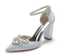 Women's Block Heel Wedding Shoes Comfortable Pointed Toe Rhinestone Dress Pump Strap Bridal Dress Shoes,Silver,5.5 UK